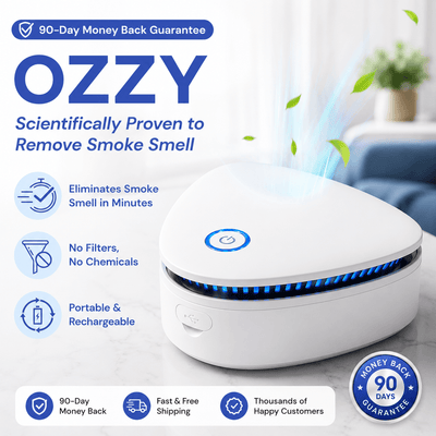 White ozone odor eliminator device with blue LED light, compact design, used for removing smoke, pet, and kitchen odors in home
