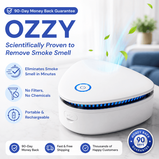 White ozone odor eliminator device with blue LED light, compact design, used for removing smoke, pet, and kitchen odors in home